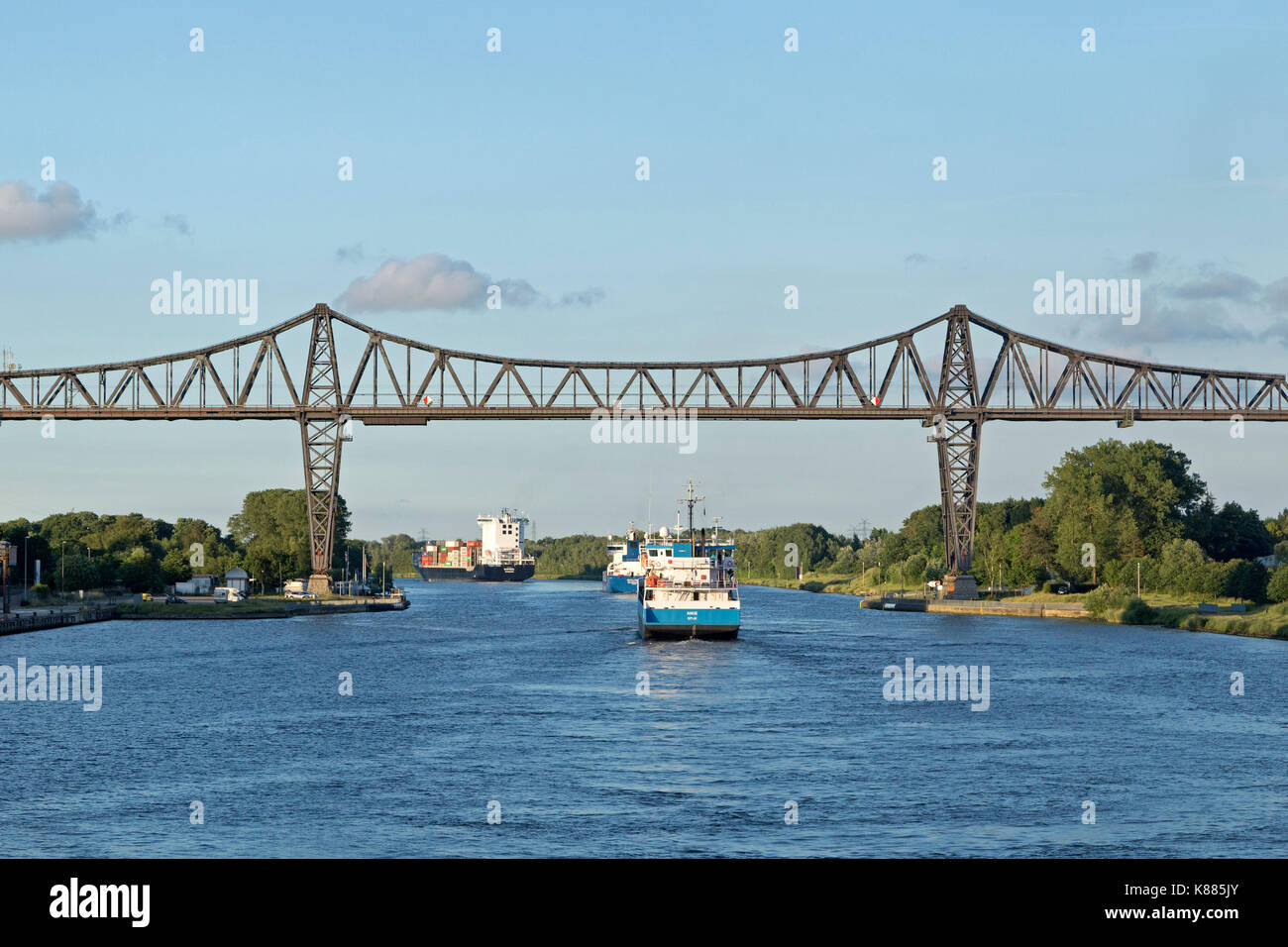 Eisenbahnbrücke Rendsburg, Nord-Ostsee-Kanal, Schleswig-Holstein, Deutschland Stockfoto