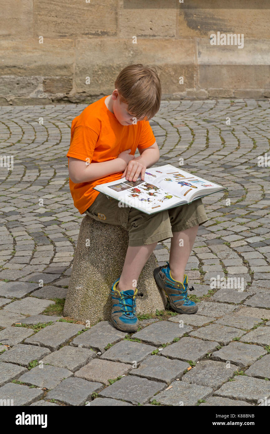 kleiner Junge liest ein Buch Stockfoto