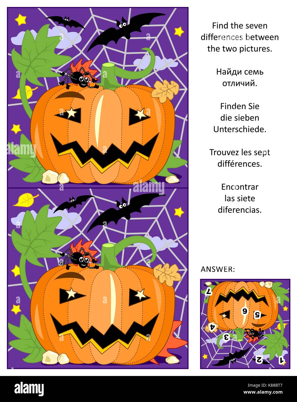 Halloween themed visuelle Rätsel: Die sieben Unterschiede zwischen den beiden Bildern von Kürbis, Fledermaus und Spinne finden. Antwort enthalten. Stock Vektor