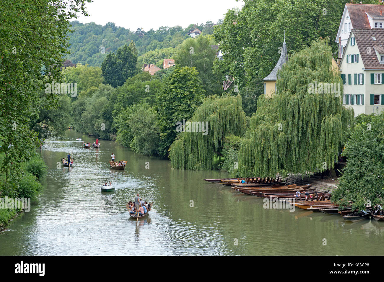 Stocherkähne auf Neckar, Tübingen, Baden-Württemberg, Deutschland Stockfoto