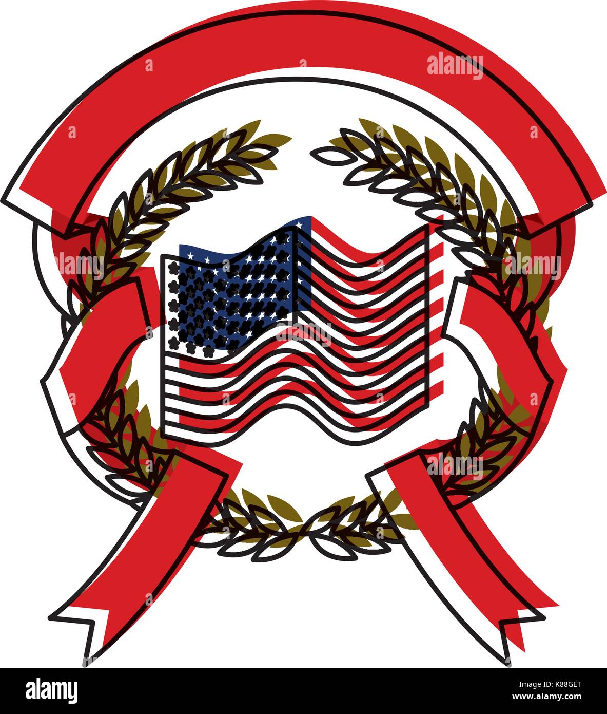 United States flag innerhalb des Kreises der Olivenzweige und Farbband Interlace in farbenfrohen Aquarell Silhouette Stock Vektor