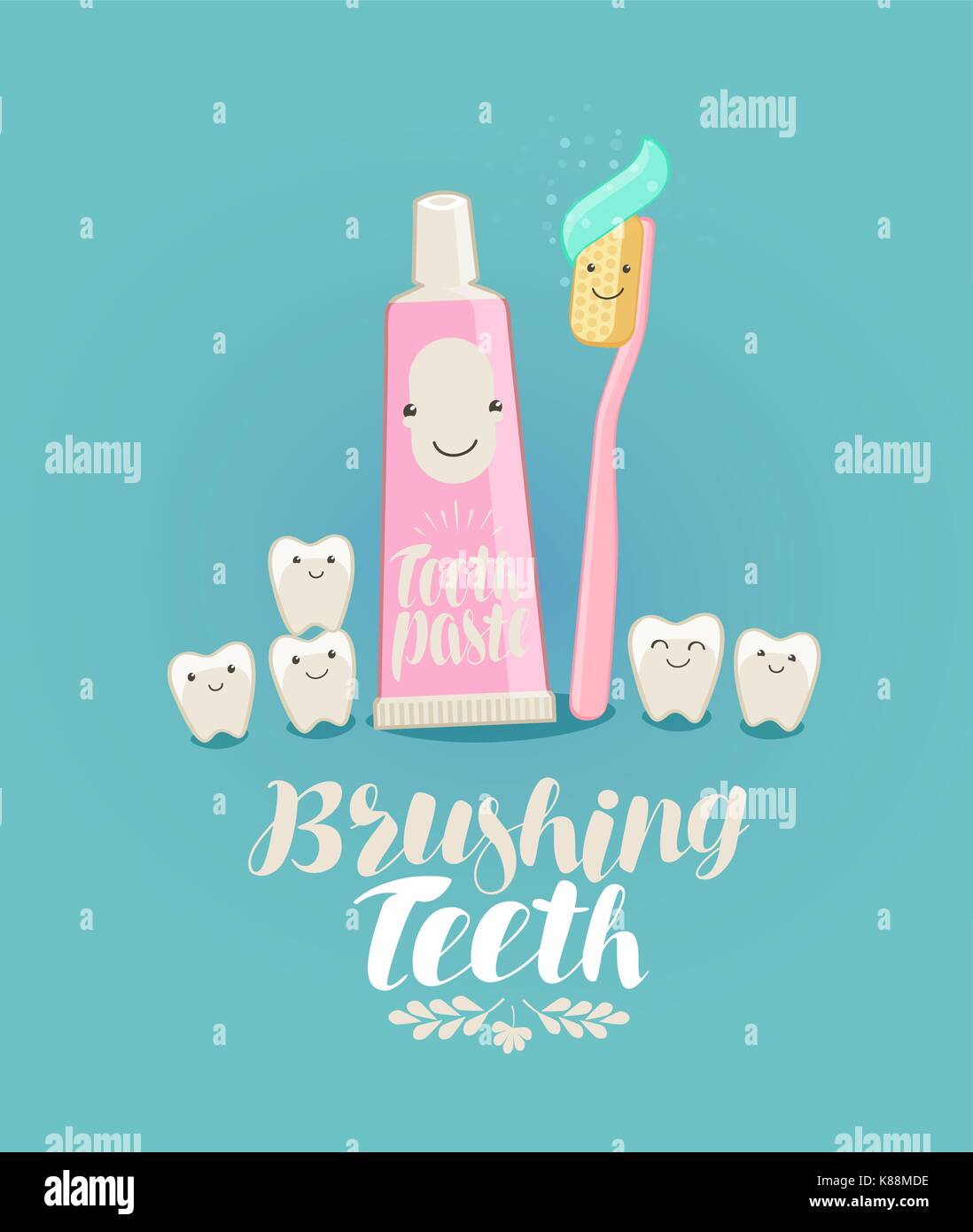 Zähneputzen, Banner. Zahn, Zahnpasta, Zahnbürste, Zahnheilkunde, Zahnarztpraxis Konzept. Cartoon Vector Illustration Stock Vektor