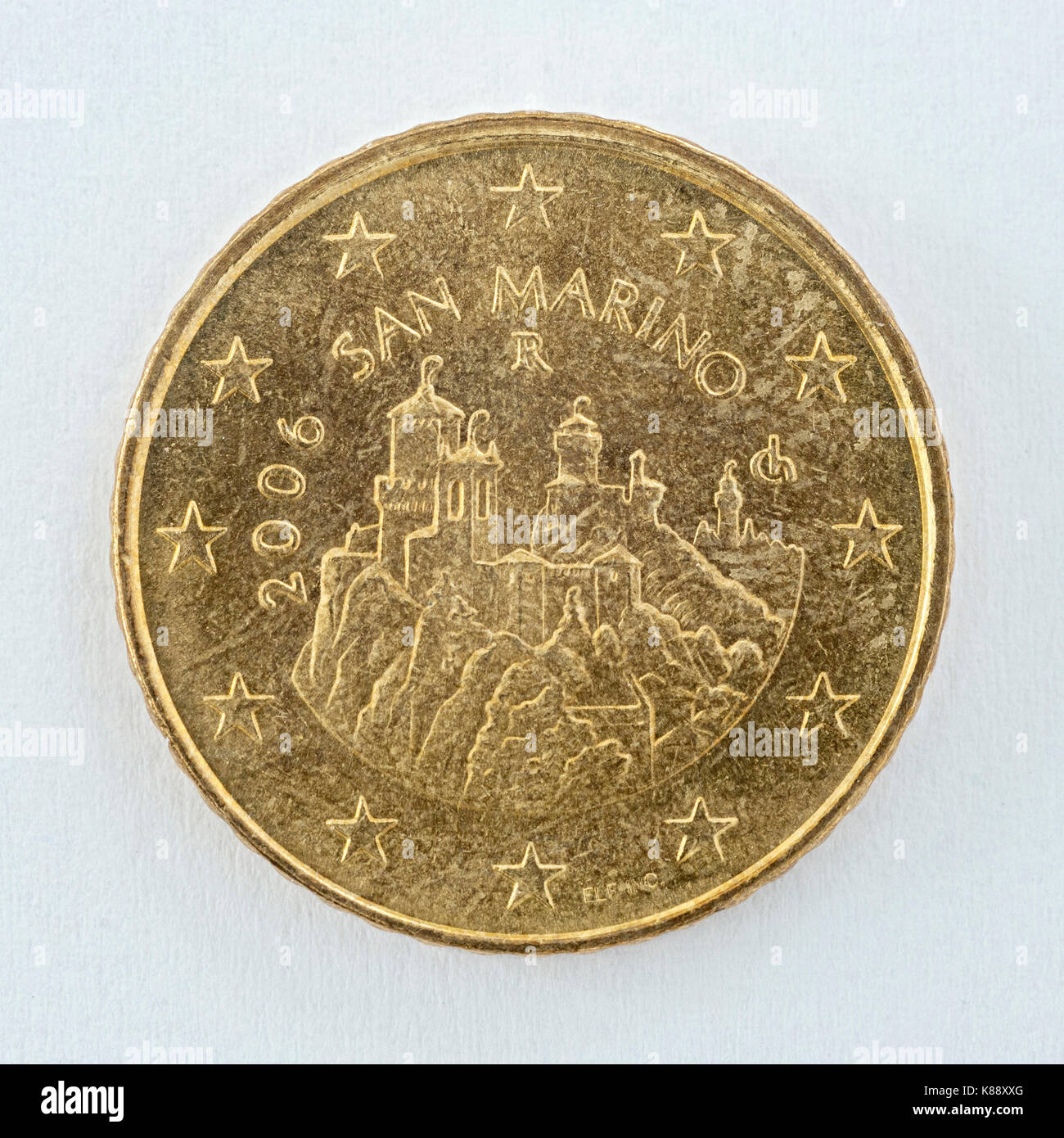 50 (Euro) Cent Münze mit dem San Marino Emblem. Stockfoto