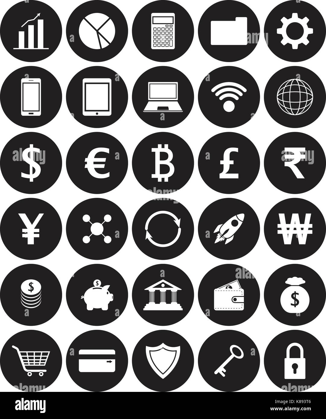 Vektor einfach zu bedienende 30 weißen flachen Symbole mit mehreren Währungen auf schwarze Kreise, die in der Technologie, Übertragung, Banking, und speichern Stock Vektor