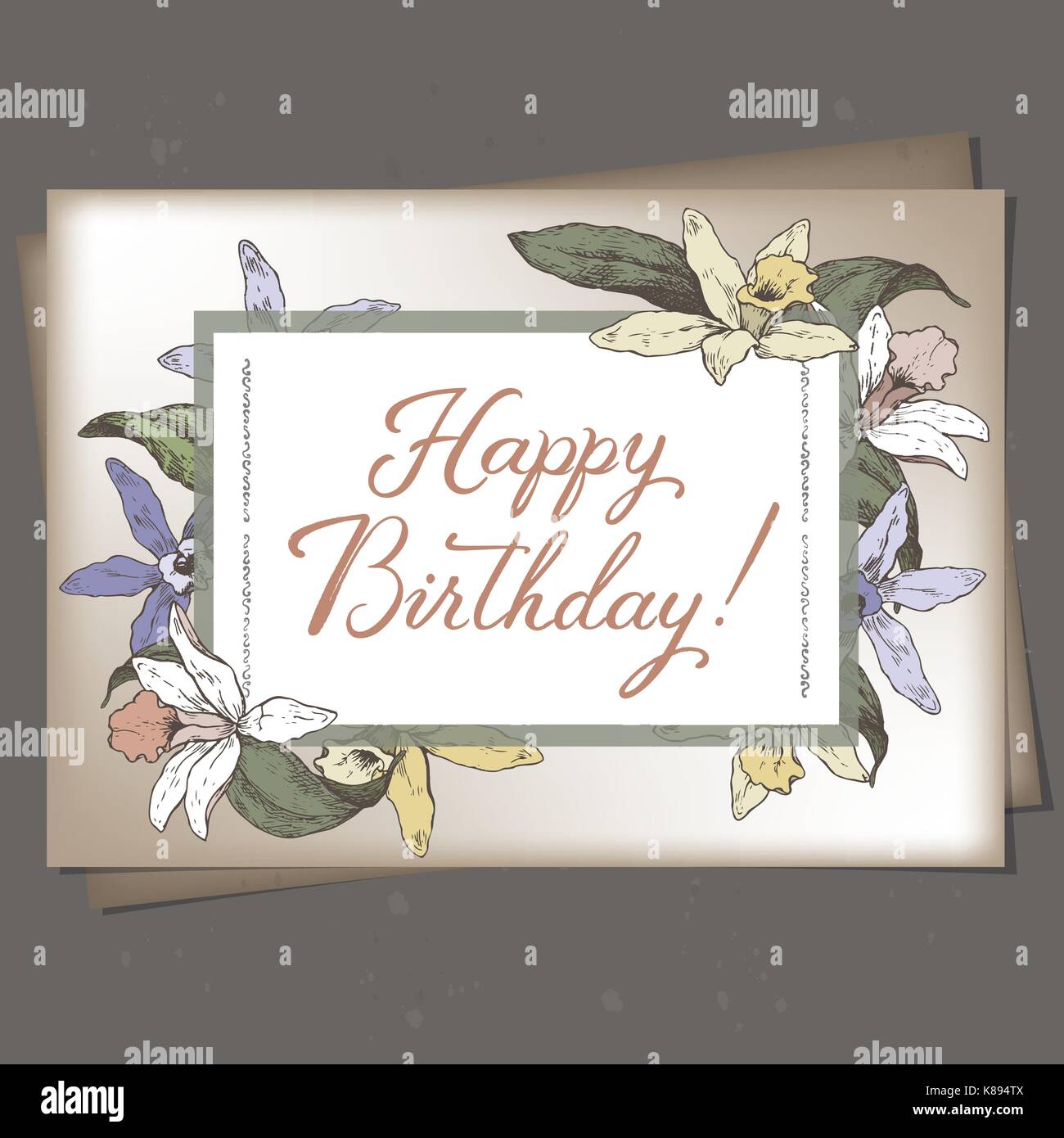 Querformat Format Romantisches Geburtstagskarte Vorlage Mit Kalligraphie Und Orchideen Skizze Stock Vektorgrafik Alamy
