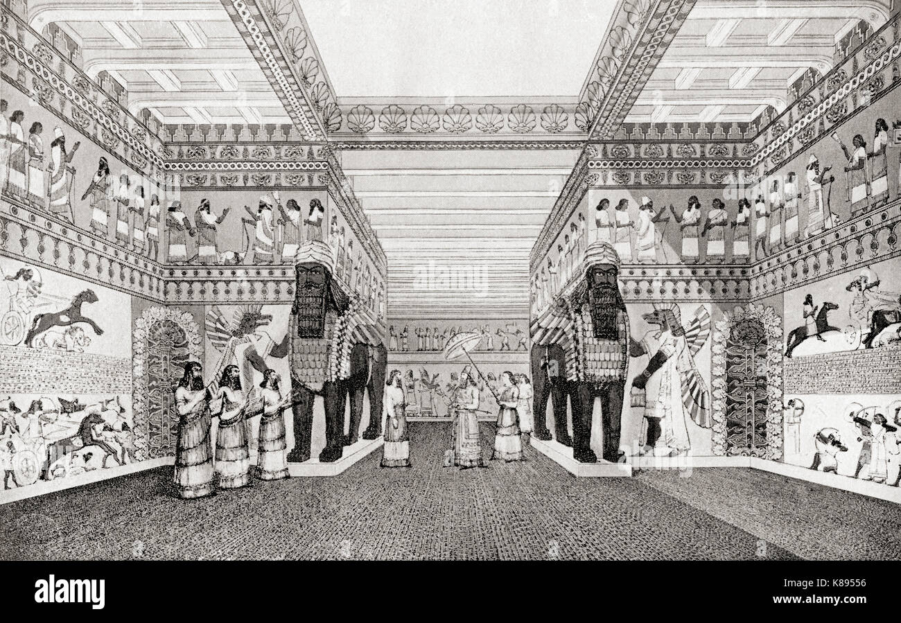 Künstlerische Darstellung eines Der innenbereich Hallen im Palast in Ninive, die durch Sanherib c. gebaut 700 v. Chr. an der alten assyrischen Stadt der oberen Mesopotamien. Von Hutchinson's Geschichte der Nationen, veröffentlicht 1915. Stockfoto