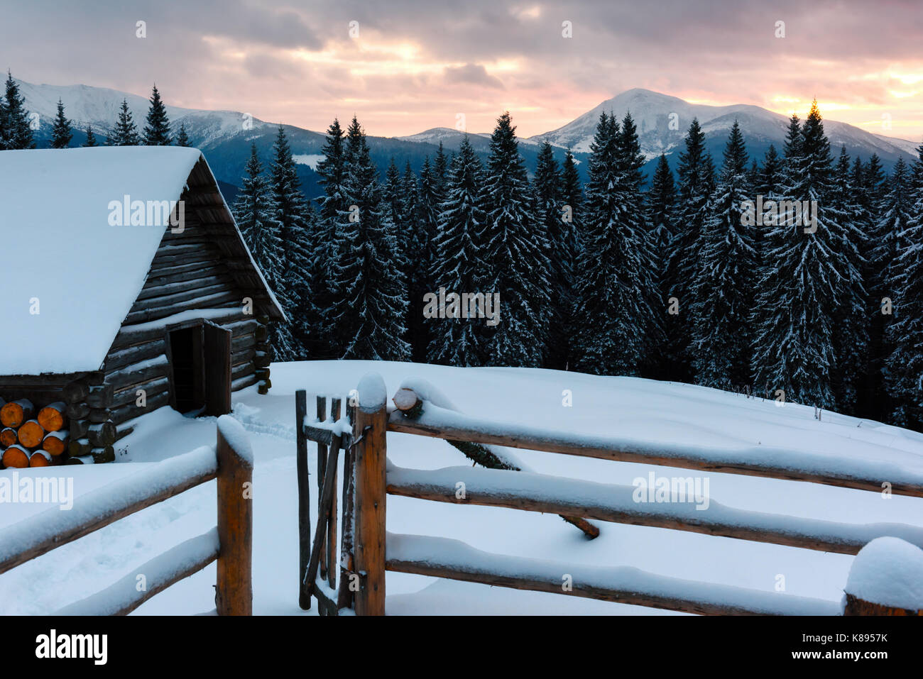 Fantastische Landschaft mit schneebedeckten Bergen, Bäumen und Haus. Karpaten, Ukraine, Europa Stockfoto