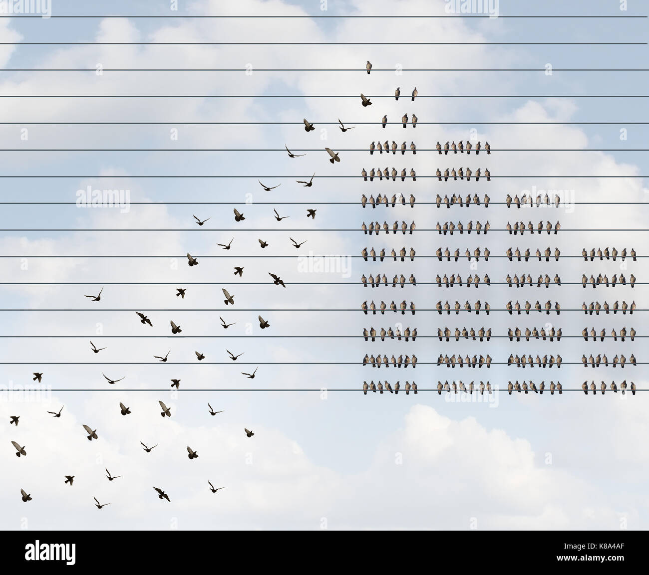Wachsende Mitgliedschaft und Recruiting ein großes Abonnement Team als neue Mitglieder als Vögel auf einem Draht mit einer Gruppe von steigenden Rekruten hinzufügen Stockfoto