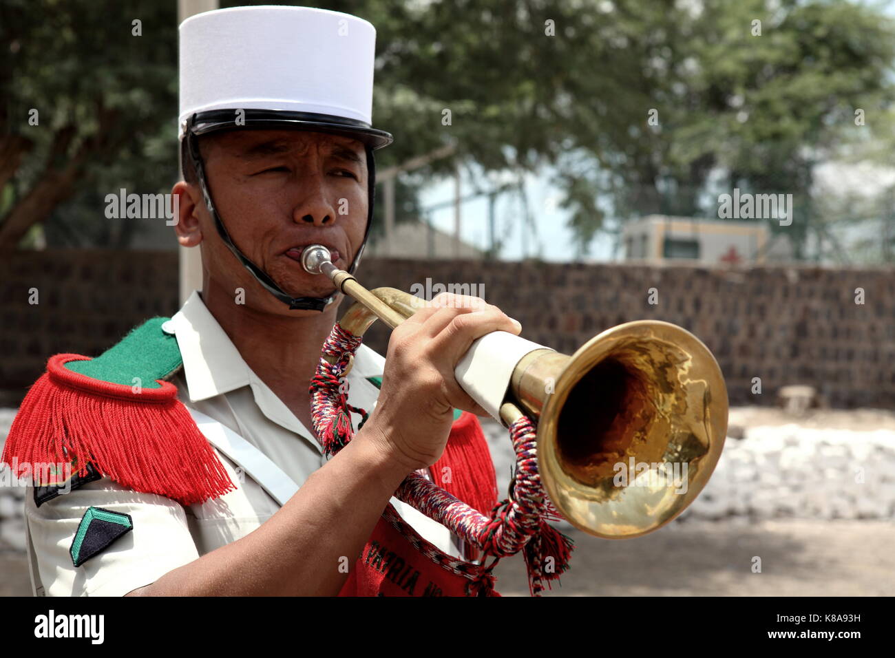 Ein hornist aus den 13 DBLE (13 Fremdenlegion Demi-Brigade) klingt sein Instrument während einer Parade in Dschibuti Stadt, Dschibuti am 25. April 2010. Stockfoto