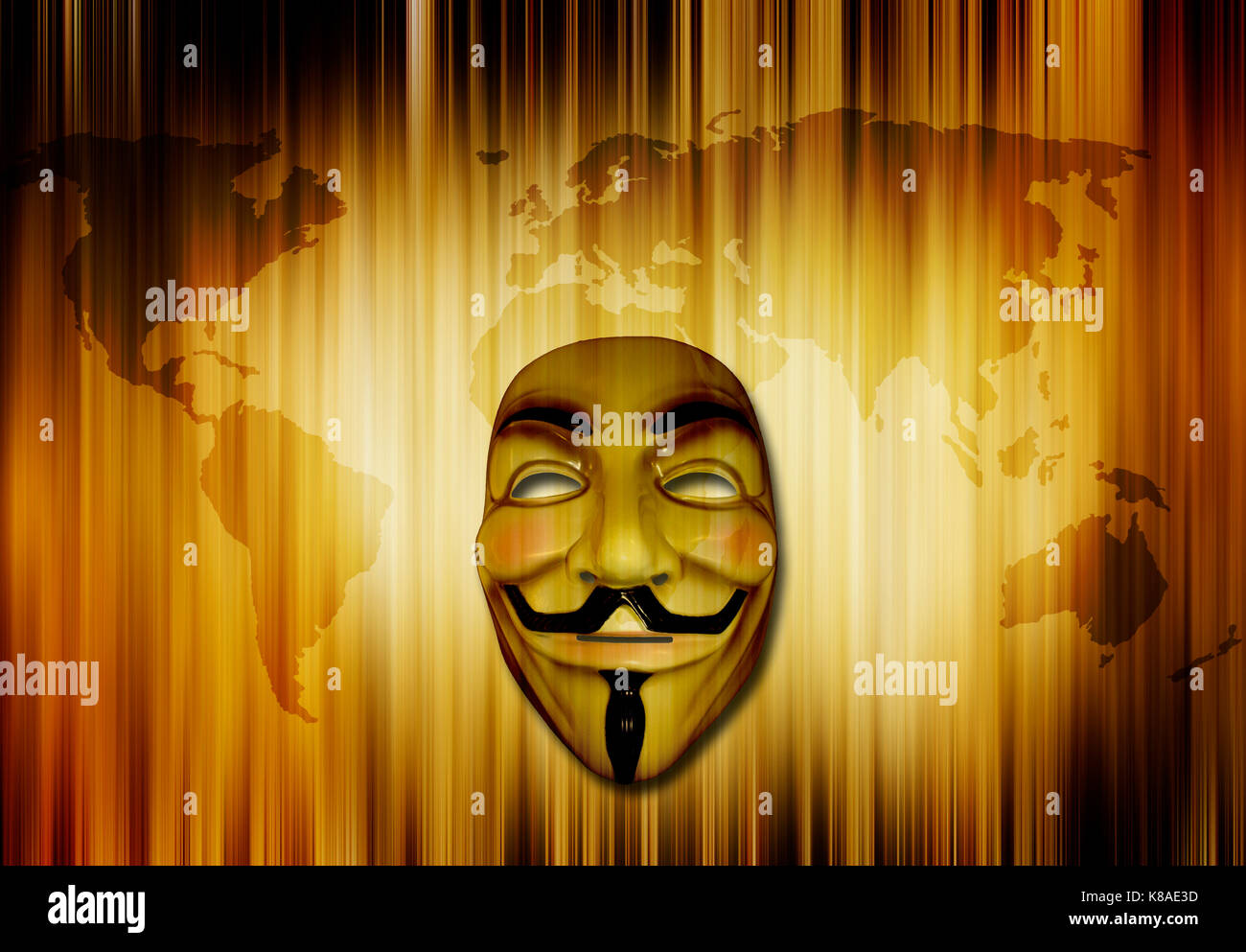 Anonymous Guy Fawke Maske gegen eine Weltkarte Stockfoto