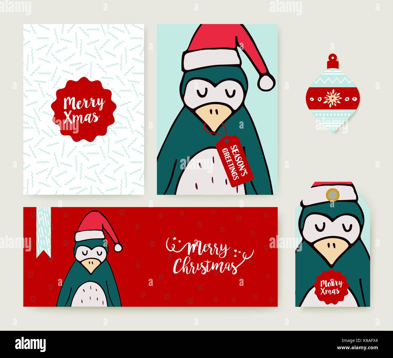 Frohe Weihnachten Grußkarten-Set mit niedlichen Pinguin in Santa hat Hand gezeichneten Karikatur. Mit holiday themed Vorlage, Tag und Label. EPS 10 Vektor. Stock Vektor