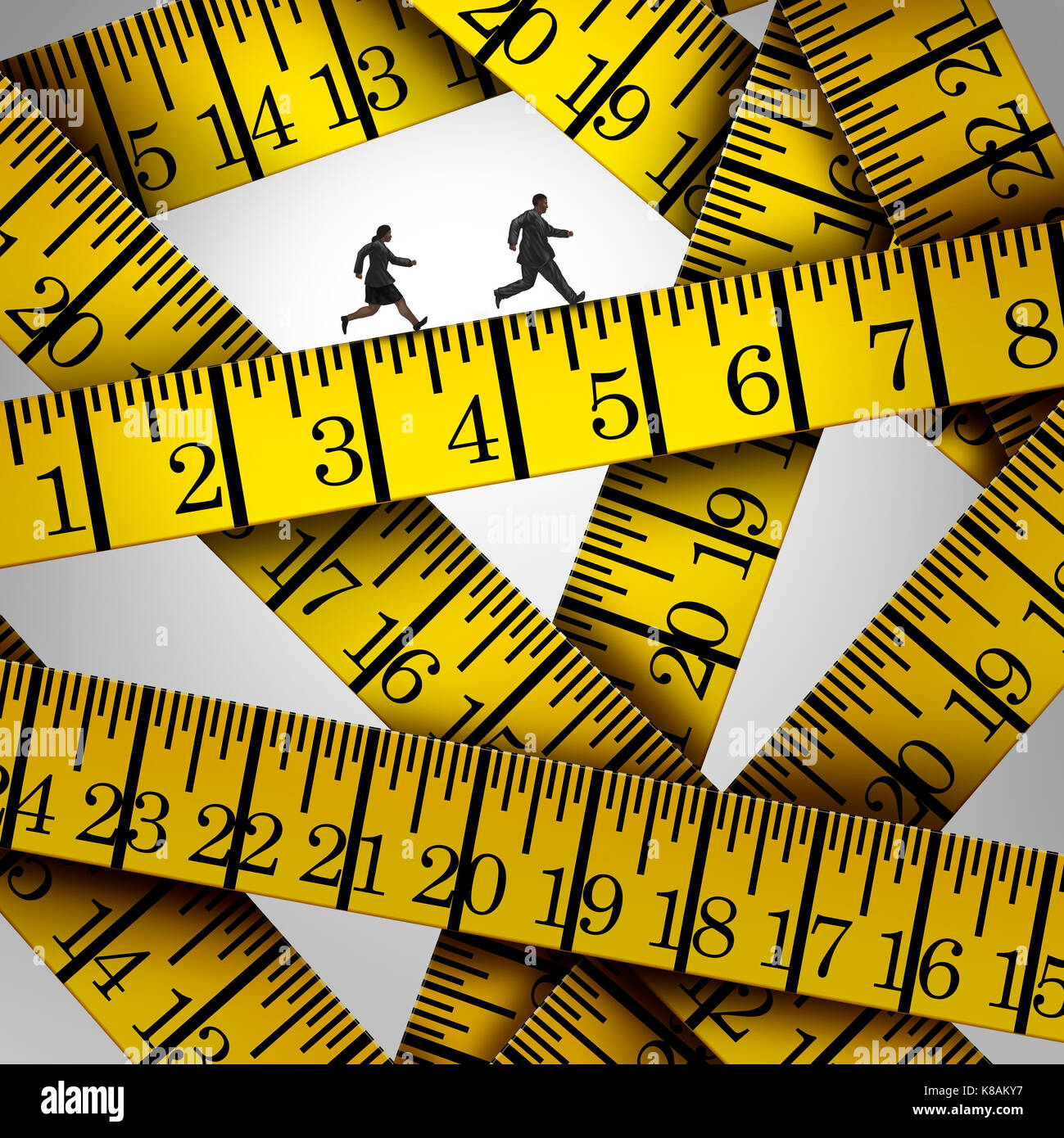 Messen Sie Krise und Gewichtskontrolle Konzept als zwei übergewichtige Menschen auf eine Diät, die auf einem Messgerät in einem 3D-Illustration style Band. Stockfoto