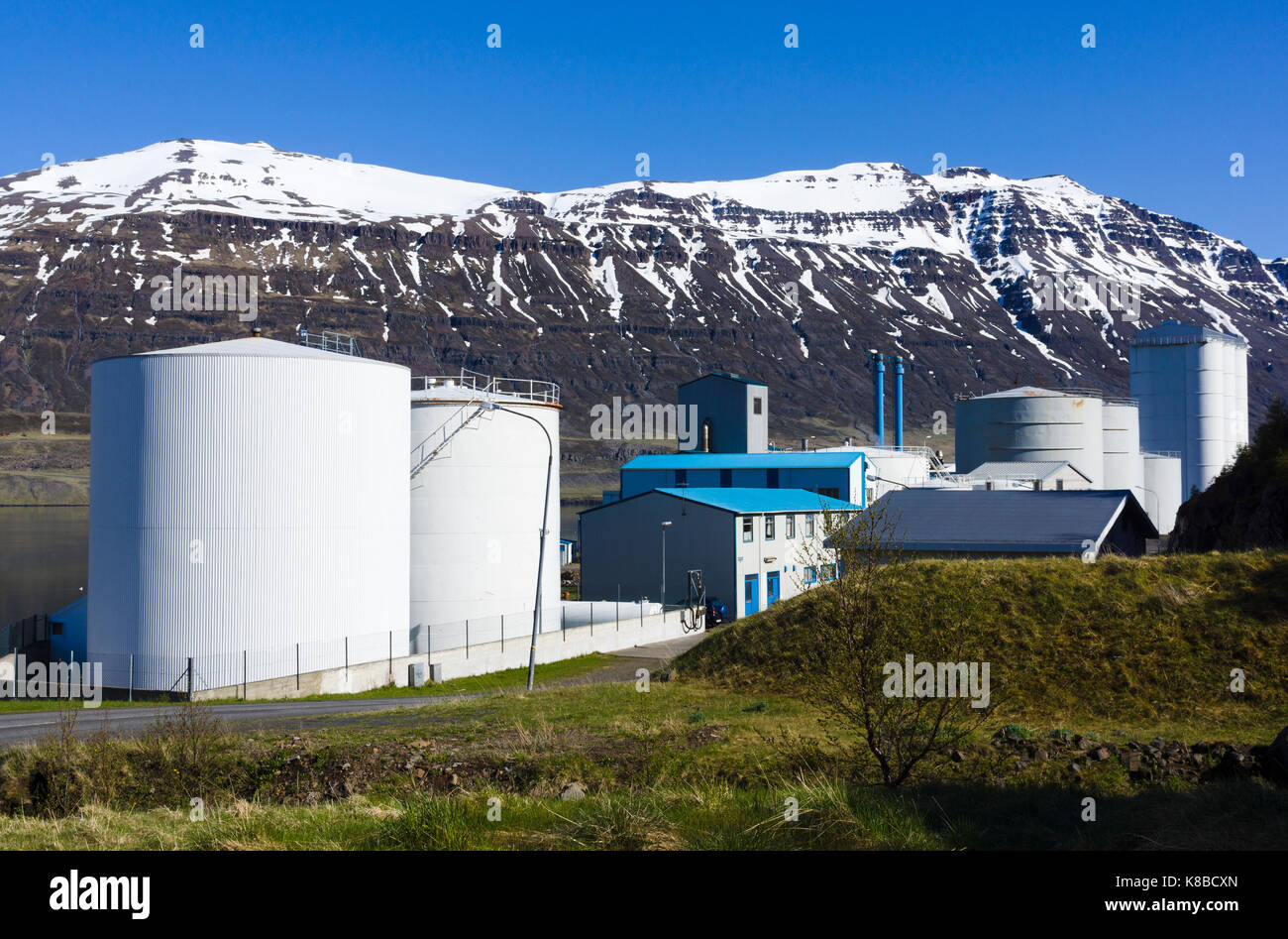 Brimberg Fischfabrik, Seyðisfjörður, Island Stockfoto