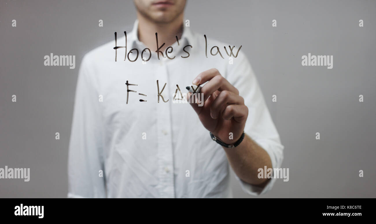 Gesetz von Hooke, Mann schreiben auf Glas Stockfoto