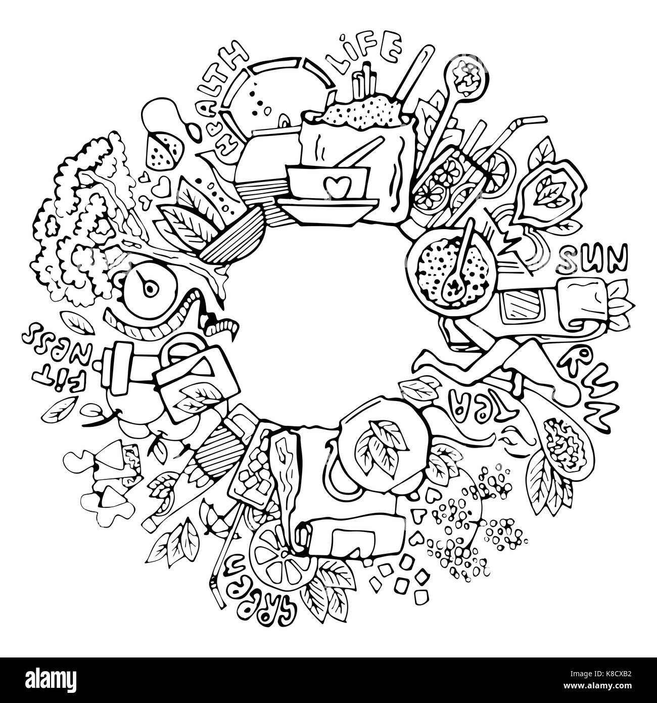 Grüner Tee Kreis doodles. Grüner Tee gesund skizziert Elemente, natürliche Produkte und Objekte, grüner Tee, Vektor Hand zeichnen Abbildung. Stock Vektor