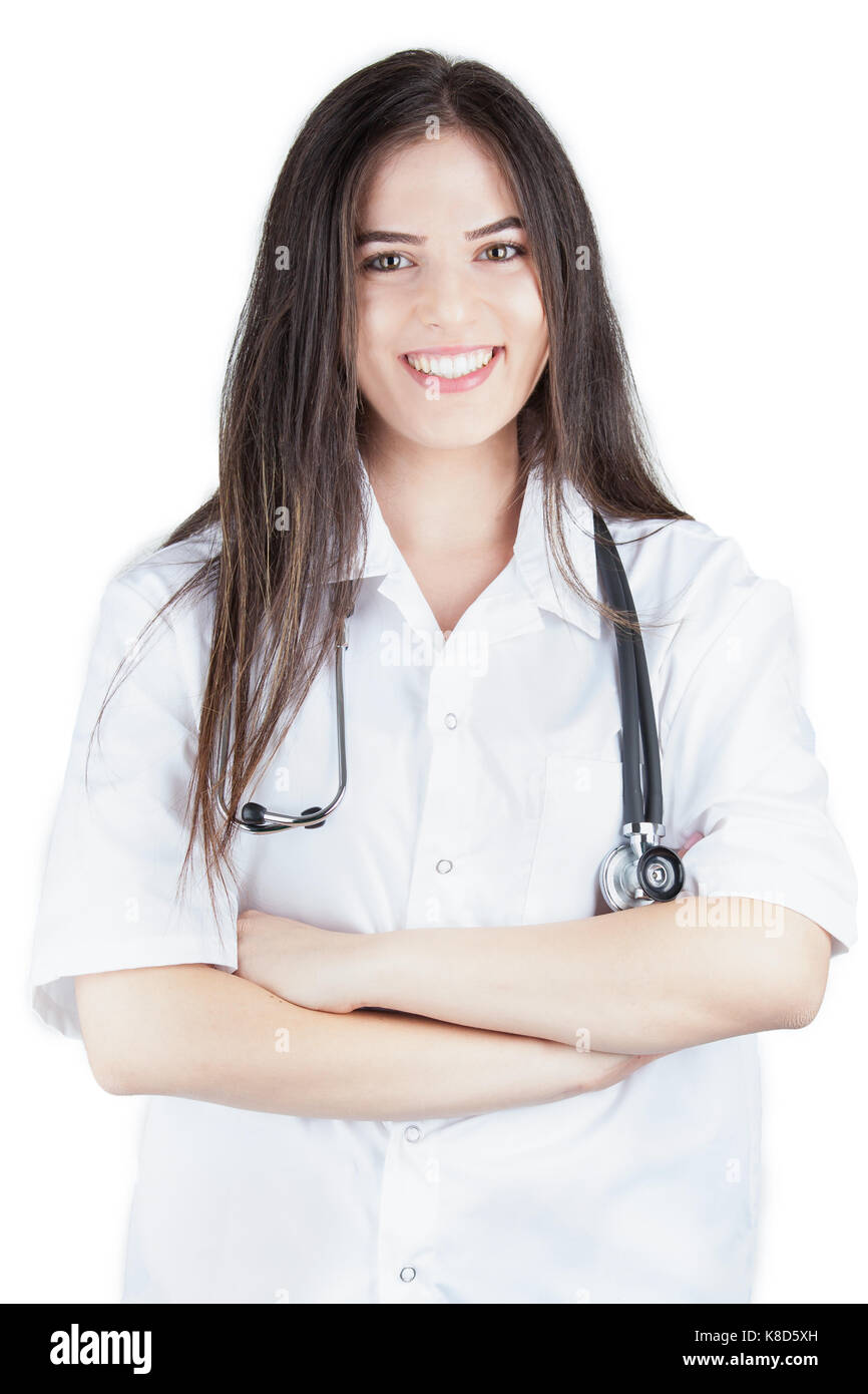 Lächelnde Frau Doktor suchen o die Kamera Stockfoto
