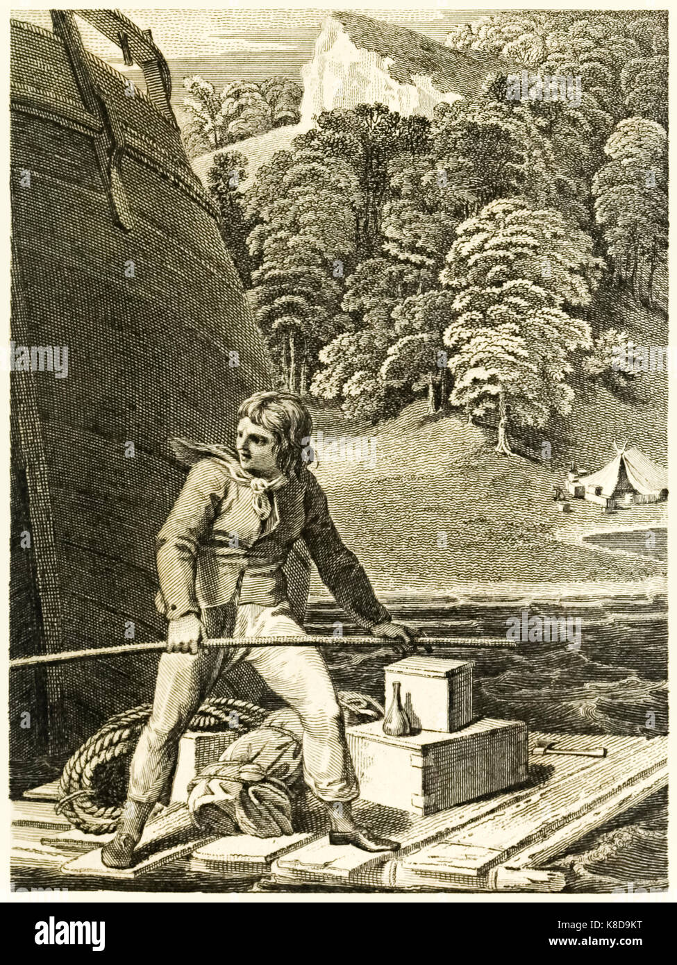 'Robinson Crusoe auf seinem Floß' aus "Das Leben und die seltsamen überraschenden Abenteuer des Robinson Crusoe, oder York, Mariner" von Daniel Defoe (1660-1731). Abbildung von Thomas Stothard (1755-1834) Stich von Thomas Galen (1765-1833). Weitere Informationen finden Sie unter Stockfoto