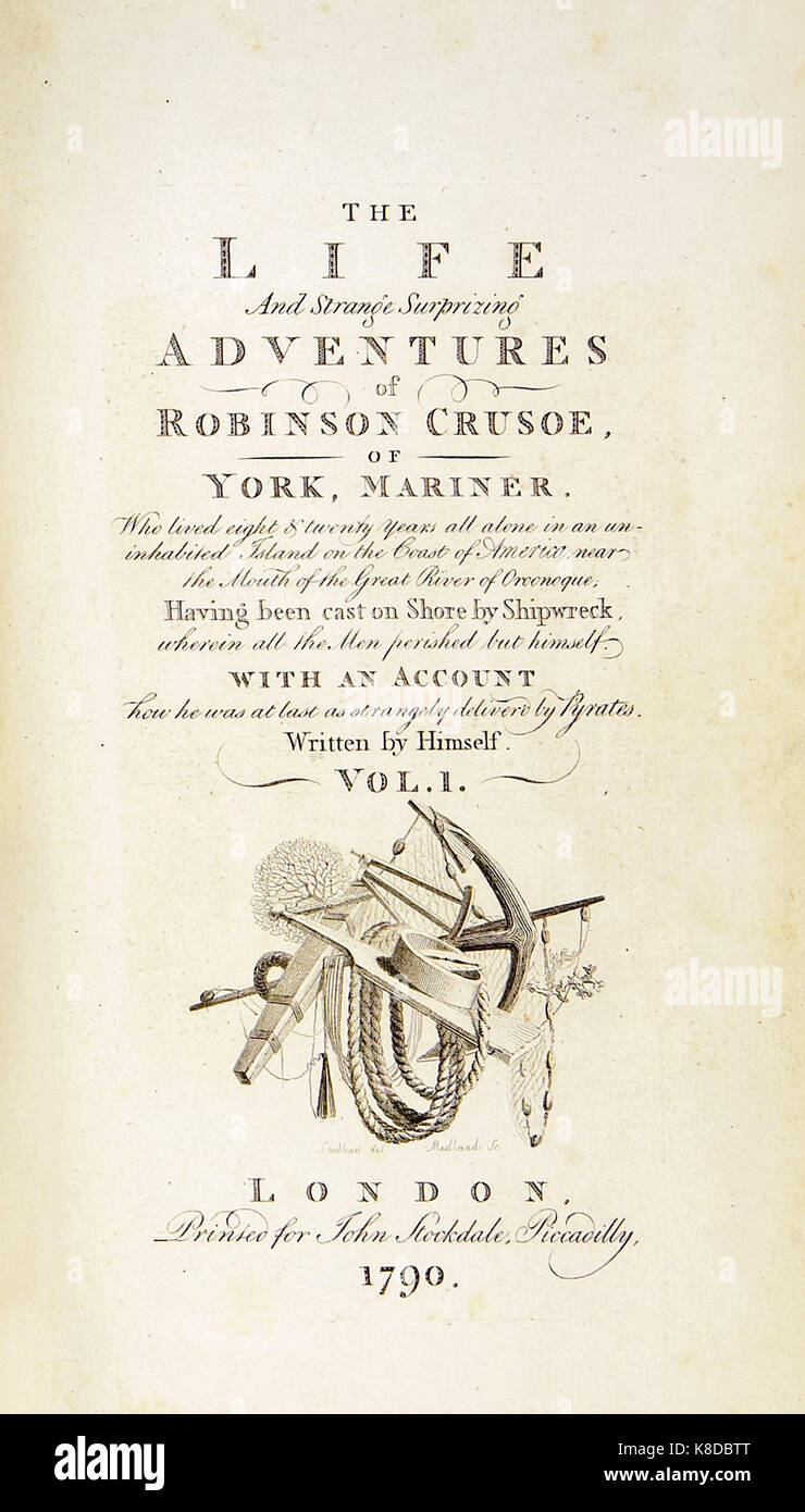 'Robinson Crusoe' Titelblatt von "Das Leben und die seltsamen überraschenden Abenteuer des Robinson Crusoe, oder York, Mariner" von Daniel Defoe (1660-1731). Abbildung von Thomas Stothard (1755-1834) Stich von Thomas Galen (1765-1833). Weitere Informationen finden Sie unten. Stockfoto