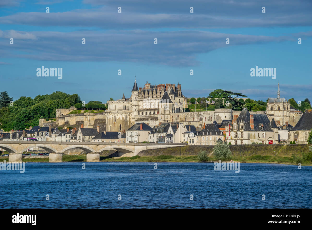 Frankreich, Center-Val de Loire, Amboise an der Loire mit Château d'Amboise, Pont du Maréchal Leclerc und ich werde e d'oder Insel Stockfoto