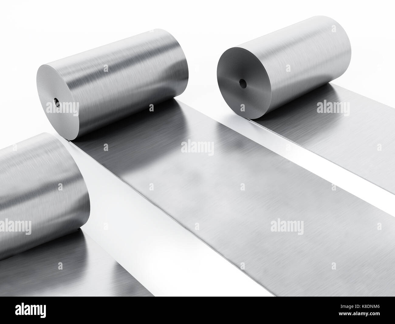 Aluminiumblech rollt auf weißem Hintergrund. 3D-Darstellung. Stockfoto