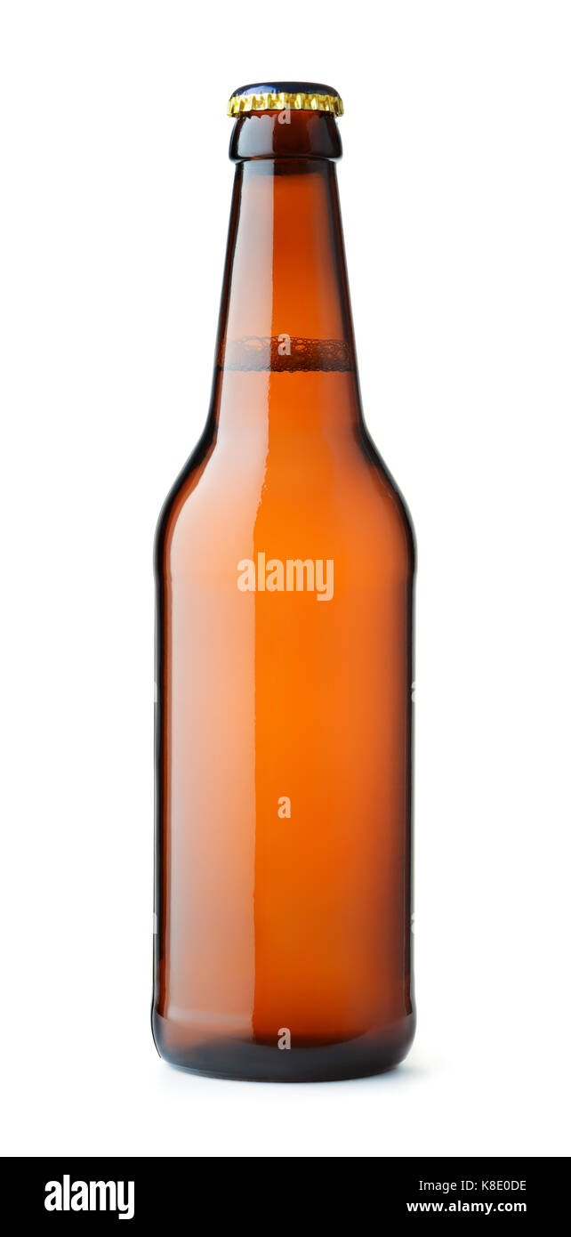 Vorderansicht des braunen Bier Flasche isoliert auf weißem Stockfoto