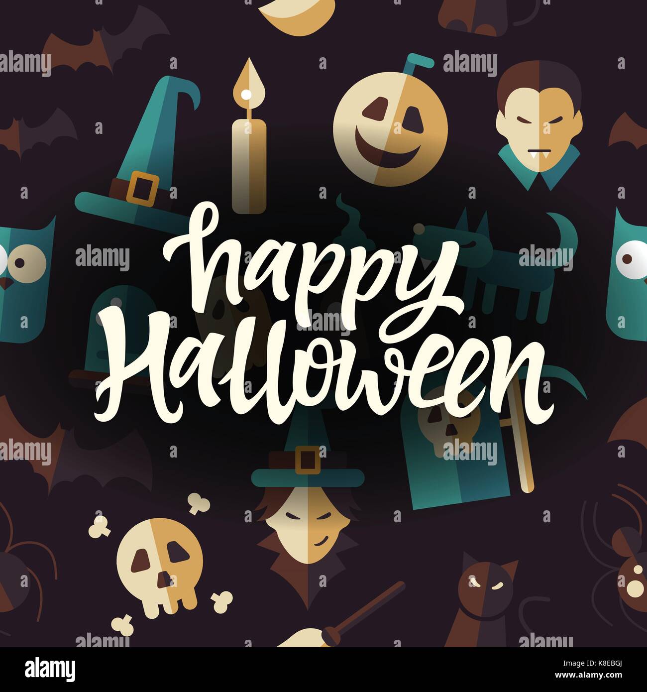 Happy Halloween - Feier Plakat auf nahtlose dunklen Hintergrund mit unheimlichen Symbole - Eule, Vampire, Hexenhut und Besen, Kürbis, schwarze Katze, Spinnen, Stock Vektor