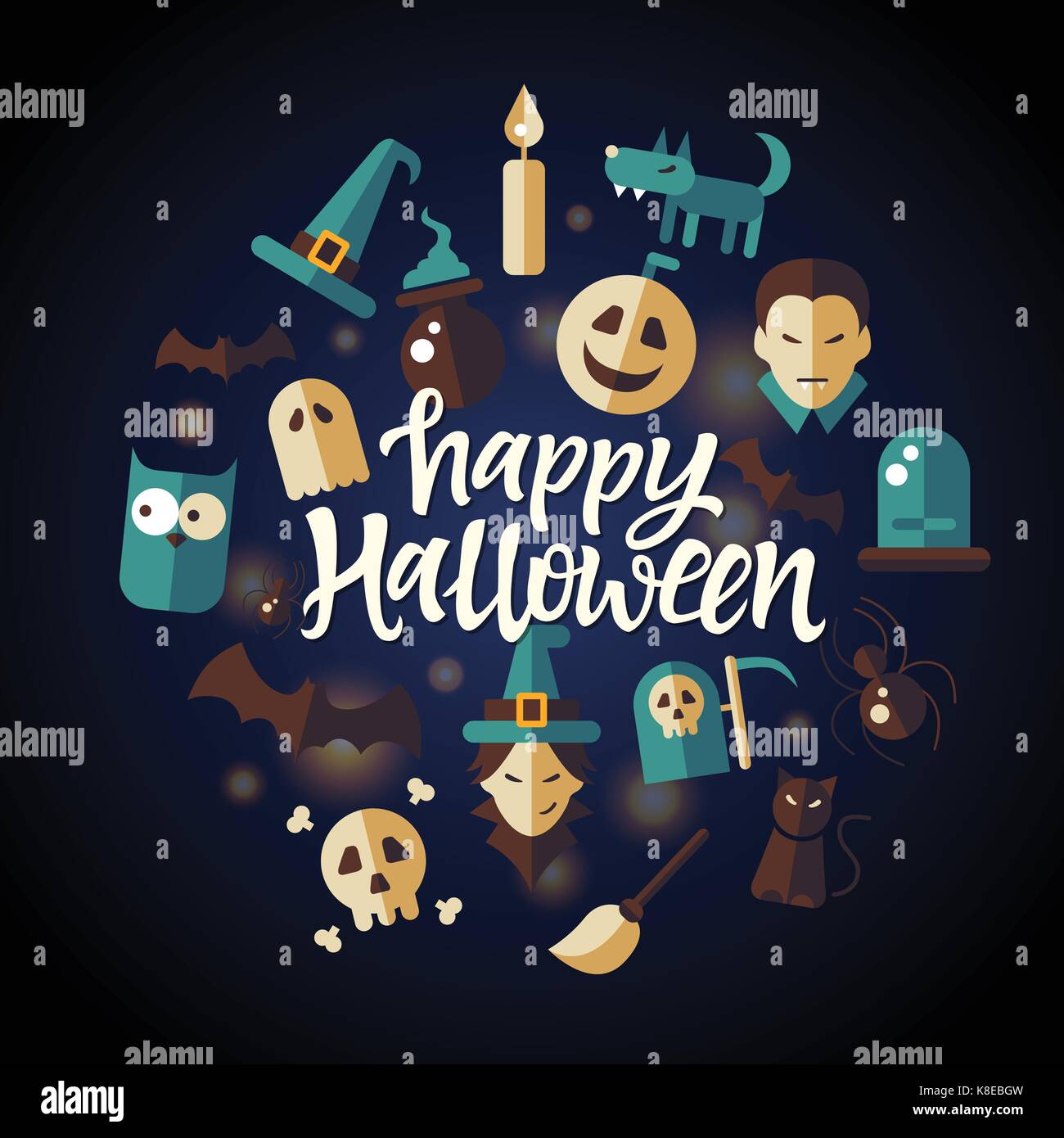 Happy Halloween - Feier Plakat auf nahtlose dunklen Hintergrund mit unheimlichen Symbole - Eule, Vampire, Hexenhut und Besen, Kürbis, schwarze Katze, Spinnen, Stock Vektor