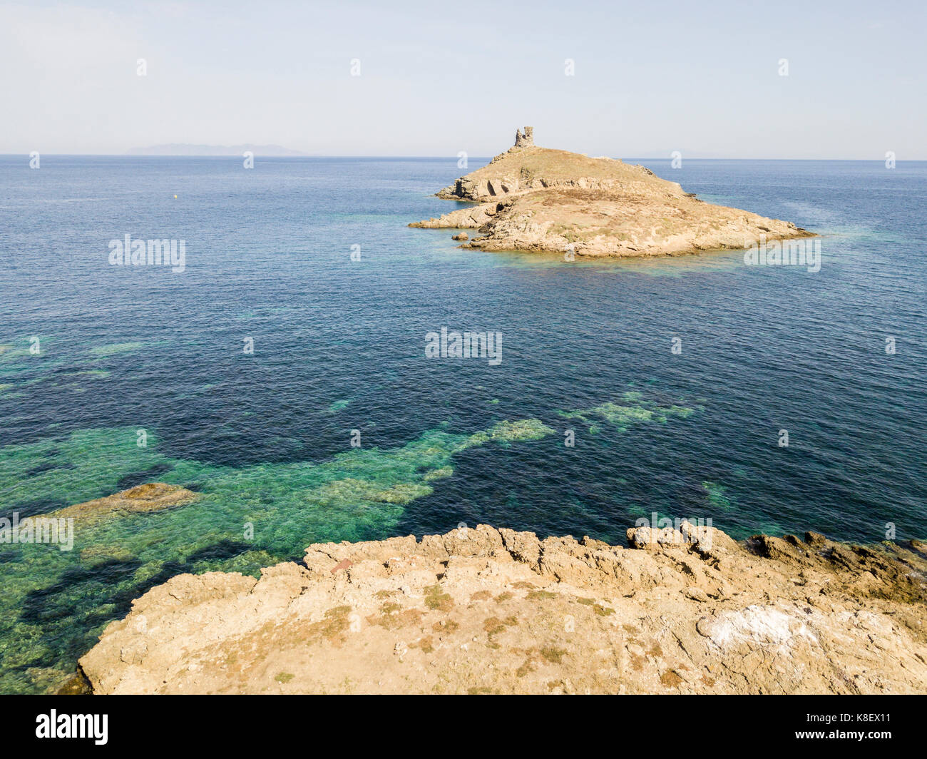 Luftaufnahme der Inseln Finocchiarola, Mezzana, Terra, Halbinsel von Cap Corse, Korsika. Tyrrhenische Meer, unbewohnte Inseln, die Teil des t Stockfoto