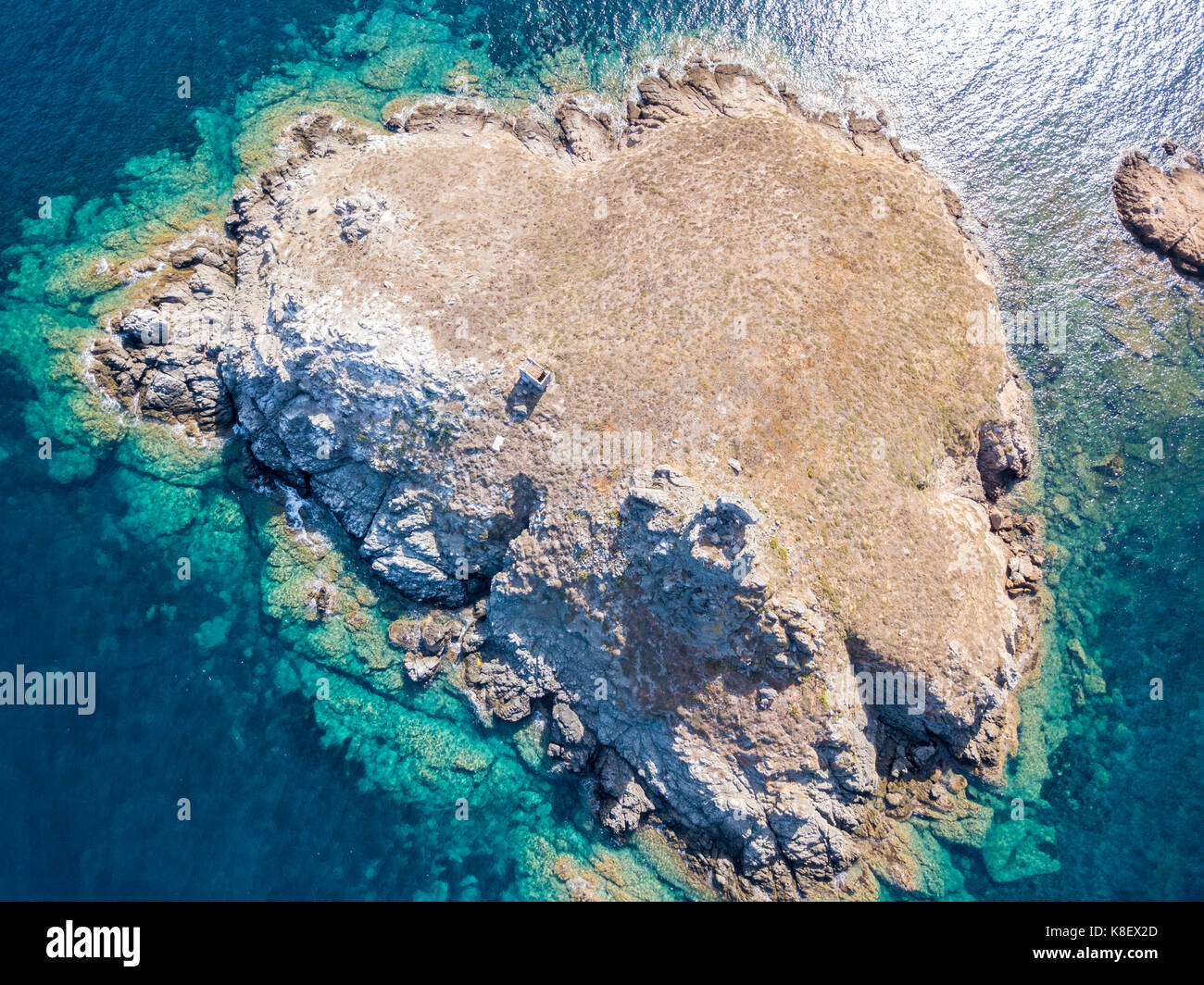 Luftaufnahme der Inseln Finocchiarola, Mezzana, Terra, Halbinsel von Cap Corse, Korsika. Tyrrhenische Meer, unbewohnte Inseln, die Teil des t Stockfoto