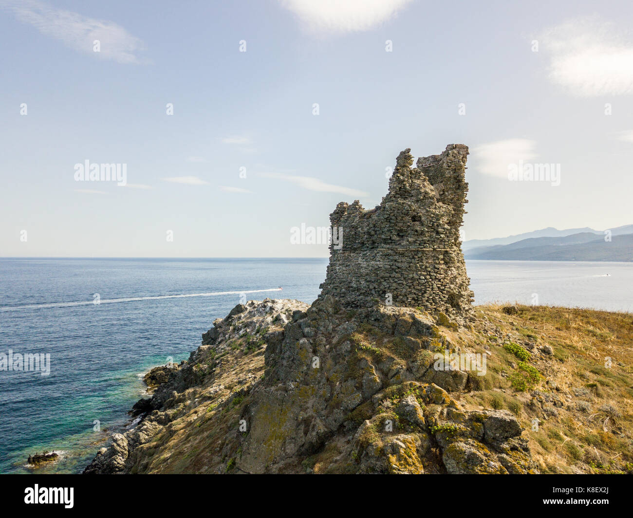 Luftaufnahme der Inseln Finocchiarola, Mezzana, Terra, Halbinsel von Cap Corse, Korsika. Tyrrhenische Meer, unbewohnte Inseln, die Teil des t Stockfoto