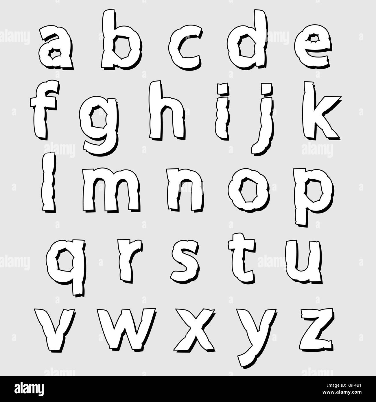 Kompletter Satz aus schwarzen und weißen Buchstaben des Alphabets mit unregelmäßigen gewellten Konturen und Schatten isoliert auf grau, Designelemente Stock Vektor