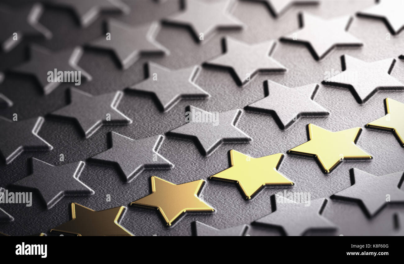 Viele Sterne in der Entlastung auf schwarzem Papier Hintergrund mit Schwerpunkt auf fünf goldene. Konzept der Firma Ruf und Business Excellence. 3D-Darstellung Stockfoto