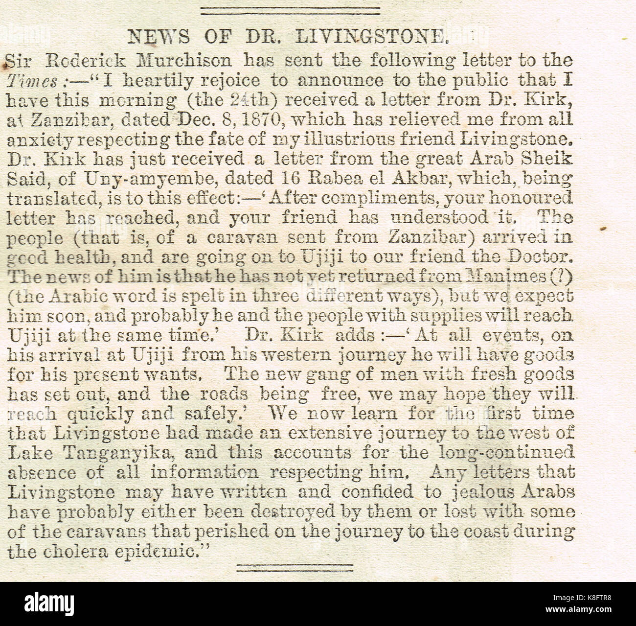 Nachrichten von Dr. Livingstone, Original Artikel aus der Illustrated London News vom 28. Januar 1871 Stockfoto
