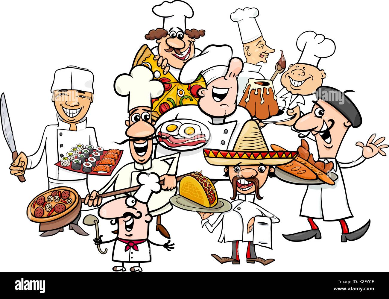 Cartoon Illustration von lustigen Internationale Küche Köche Gruppe mit