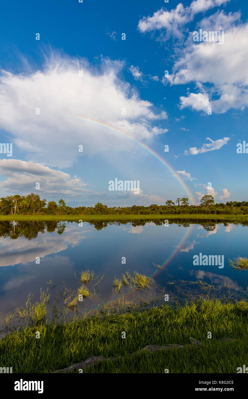 Regenbogen in blauer Himmel mit weißen Wolken über Venedig Florida Stockfoto