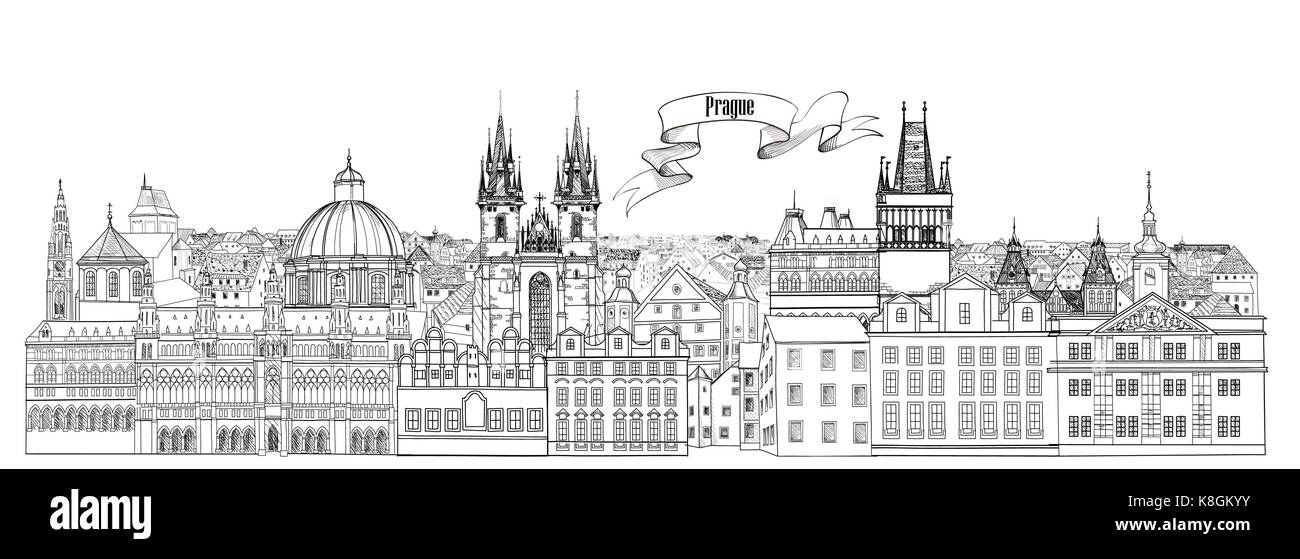 Blick auf die Stadt. Die Prager Altstadt Sehenswürdigkeiten Skyline. Reisen Hintergrund Stock Vektor