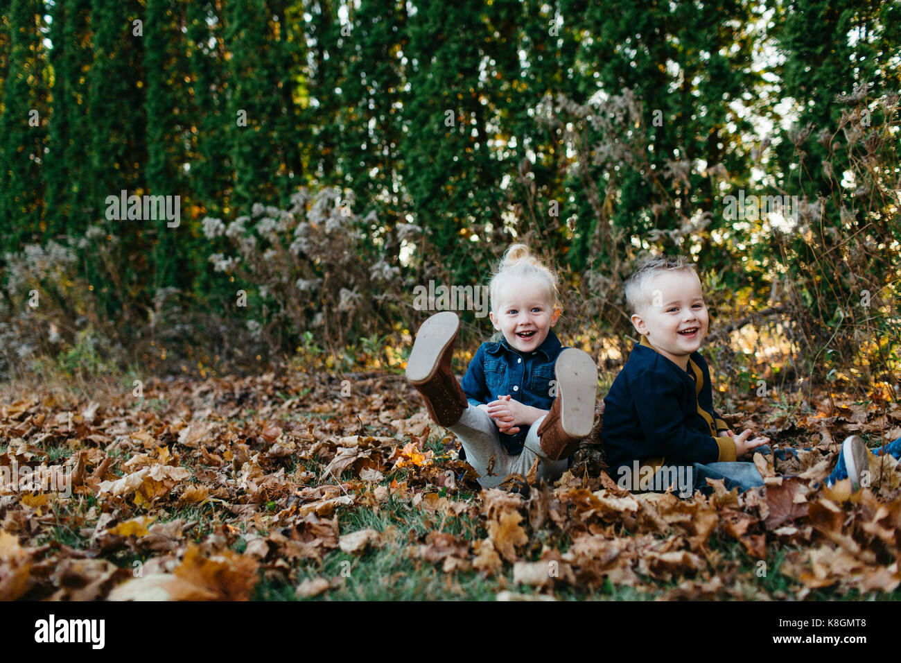 Portrait von männlichen und weiblichen Kleinkind Zwillinge unter Herbst Blätter Sitzen im Garten Stockfoto