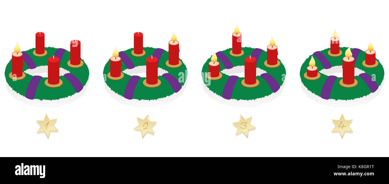 Adventskranz mit einem, zwei, drei und vier Beleuchtete rote Kerzen in verschiedenen Längen je nach Brenndauer in chronologischer Reihenfolge. Stockfoto