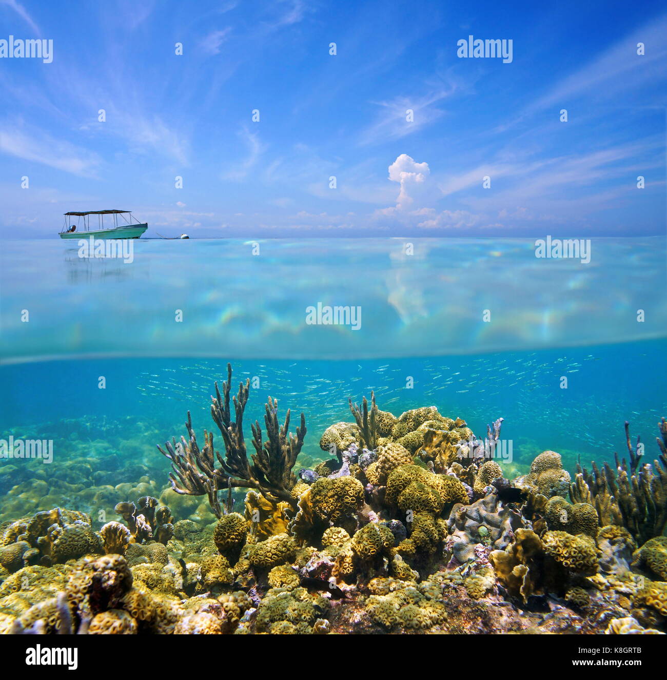 Geteilte Ansicht über und unter dem Meer mit Korallenriff auf dem Meeresboden und blauer Himmel mit einem Boot Stockfoto