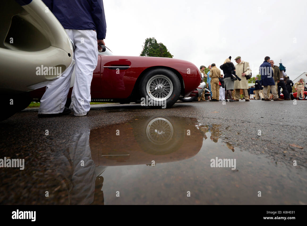 Aston Martin DB4 im Montagebereich vor dem Rennen beim Goodwood Revival 2017. Reflexion in der Pfütze. Nass. Regen Stockfoto