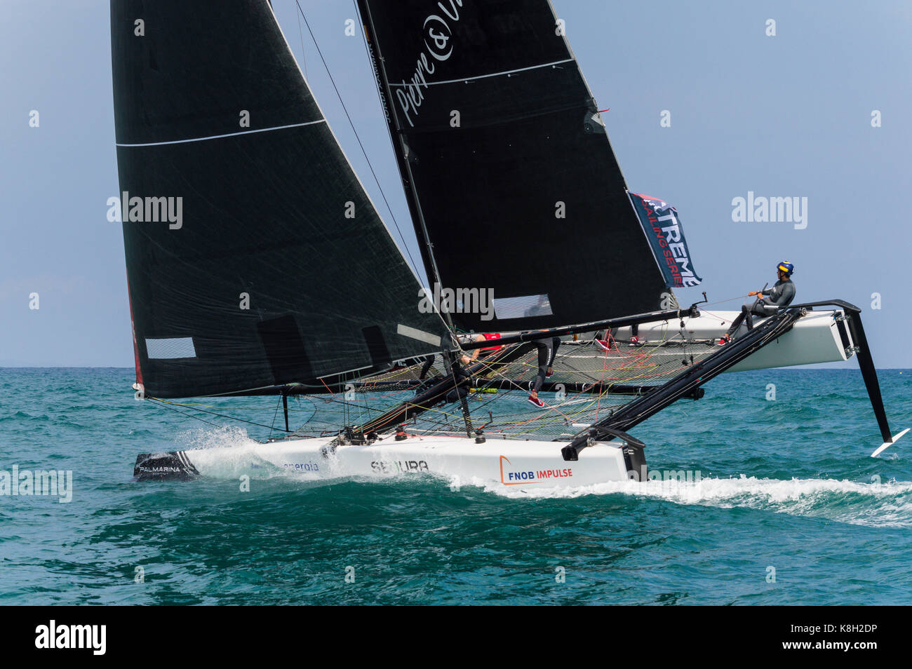 FNOB Impuls GC-32 Katamaran crew Racing bei Extreme Sailing Series, Barcelona Stockfoto