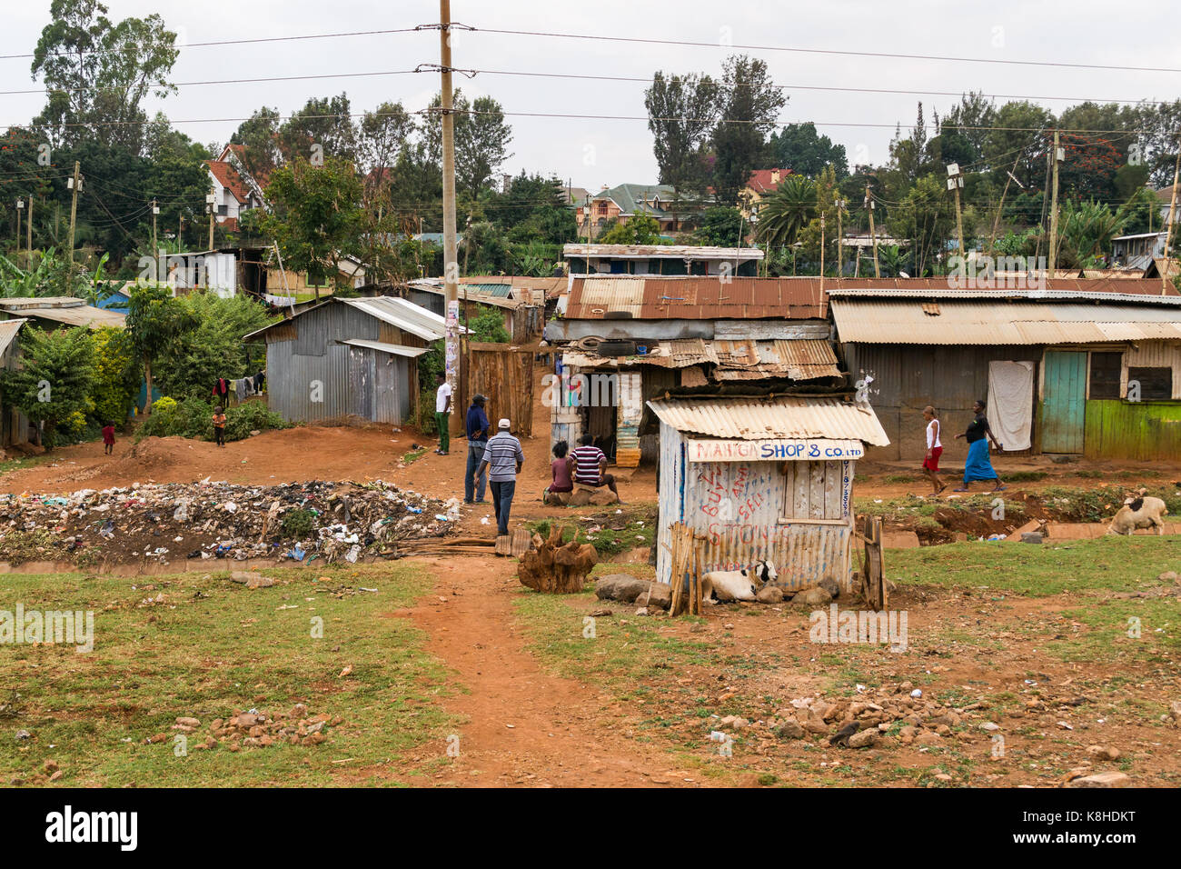 Menschen außerhalb shack Gebäude mit Tieren und Müll um sie herum, Kenia Stockfoto