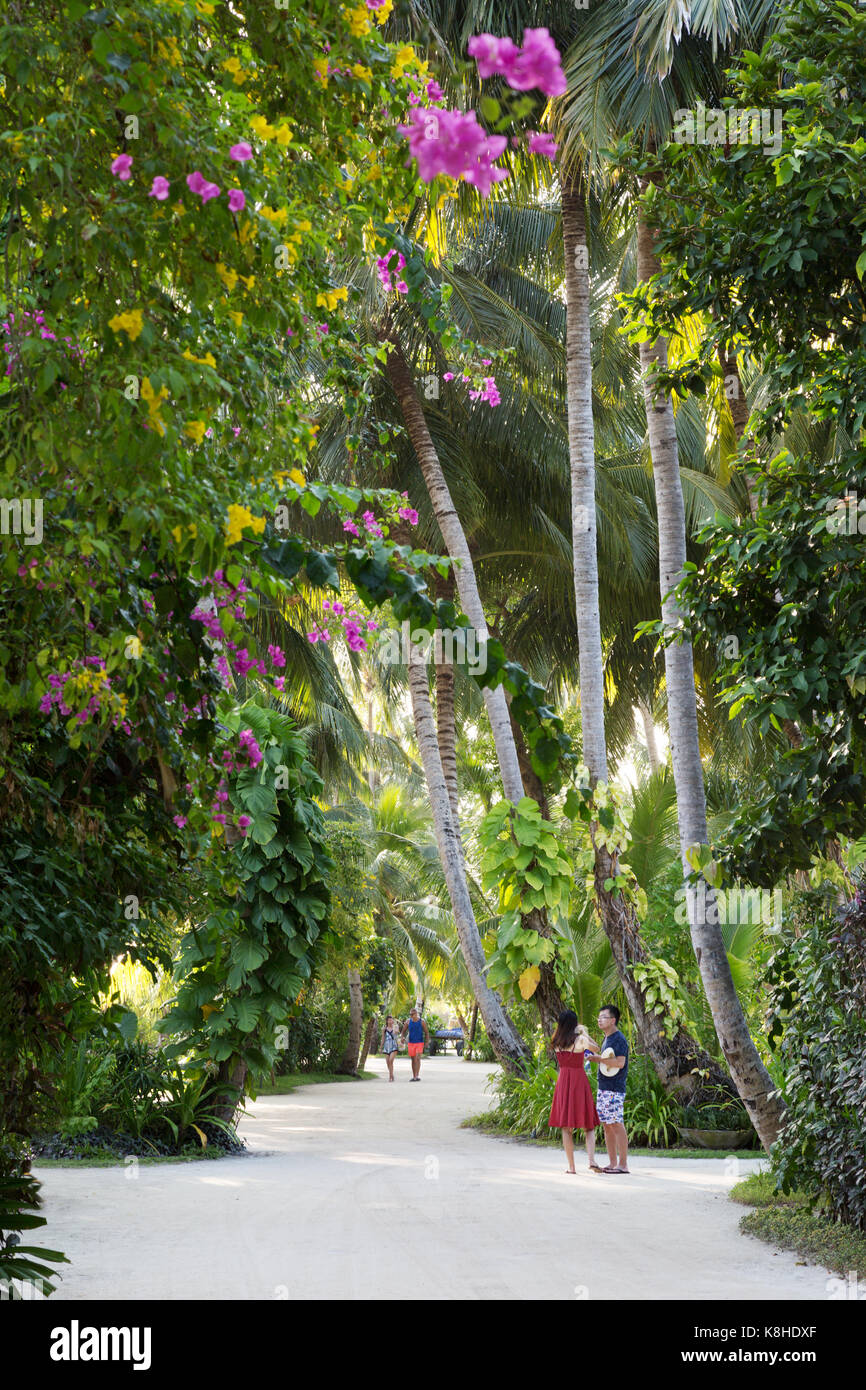 Malediven Resort - Touristen wandern in Halaveli Resort, Malediven, Asien Stockfoto