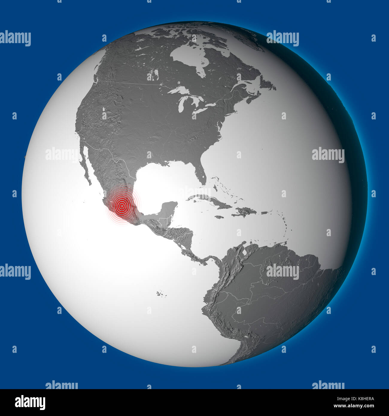 Erdbeben, Mexiko City, Shockwave. Mexiko. 3D-Rendering. Globus Stockfoto