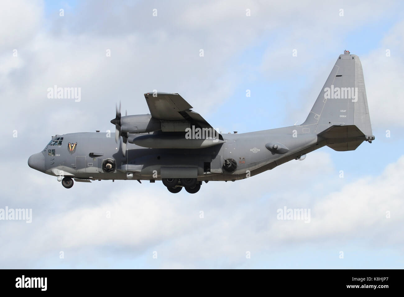 USAF AFSOC AC-130 U Spooky gunship auf Ansatz in die RAF Mildenhall. Diese ungewöhnliche Variante des Basic Transport C-130 Transite gelegentlich durch. Stockfoto