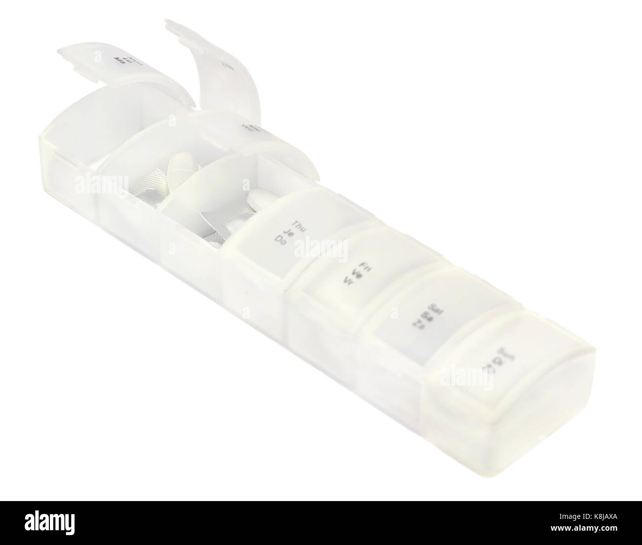 Pille Veranstalter auf weißem Hintergrund Stockfoto