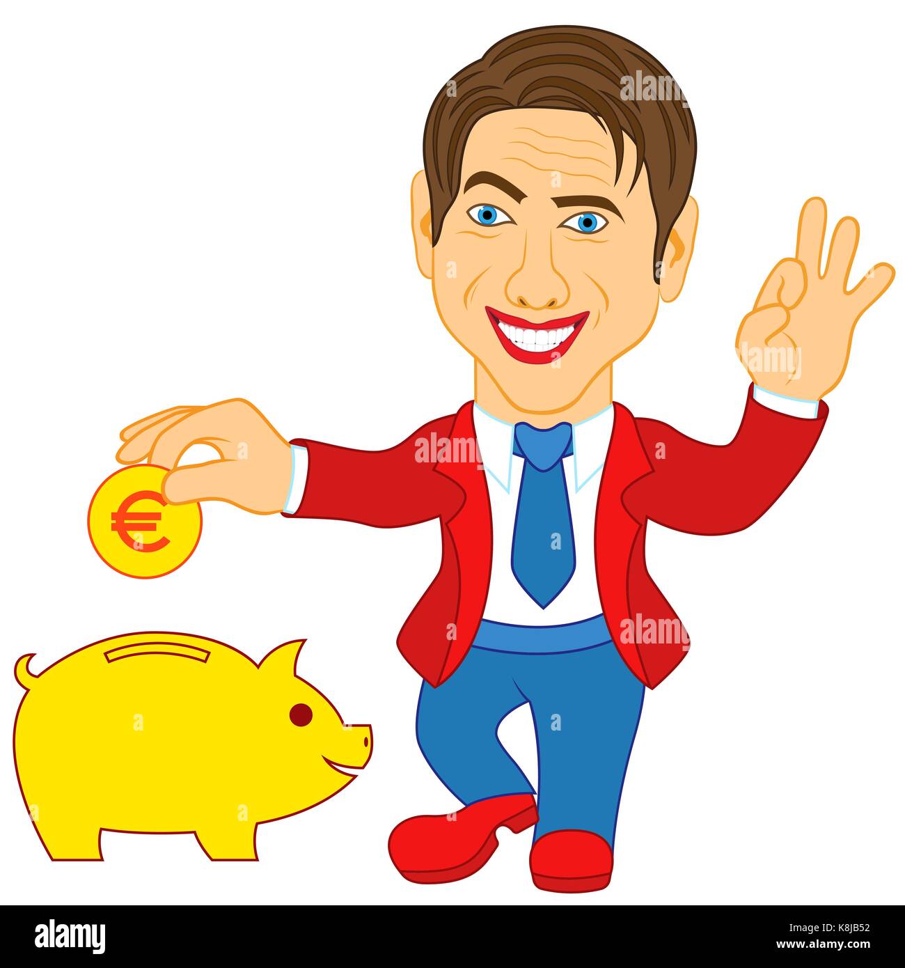 Lächelnd glücklicher Mann warf ein Euro Münze in die gelbe Sparschwein und gestikulieren Okay, cartoon Vector Illustration Stock Vektor