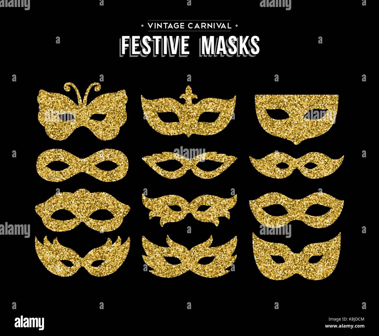 Gold Karneval Masken Vorlage festlegen von Golden glitter Staub. Luxus party kostüm auf weißem Hintergrund. EPS 10 Vektor. Stock Vektor