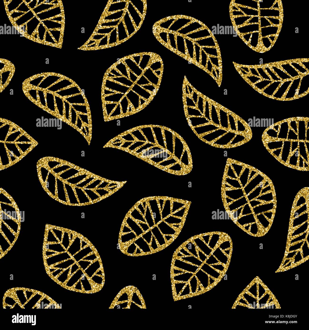 Gold Glitzer Baum Blätter Herbst Herbst Konzept nahtlose Muster auf schwarzen Hintergrund. Ideal für Karten, Geschenkpapier oder drucken Textur. EPS 10 Vektor. Stock Vektor