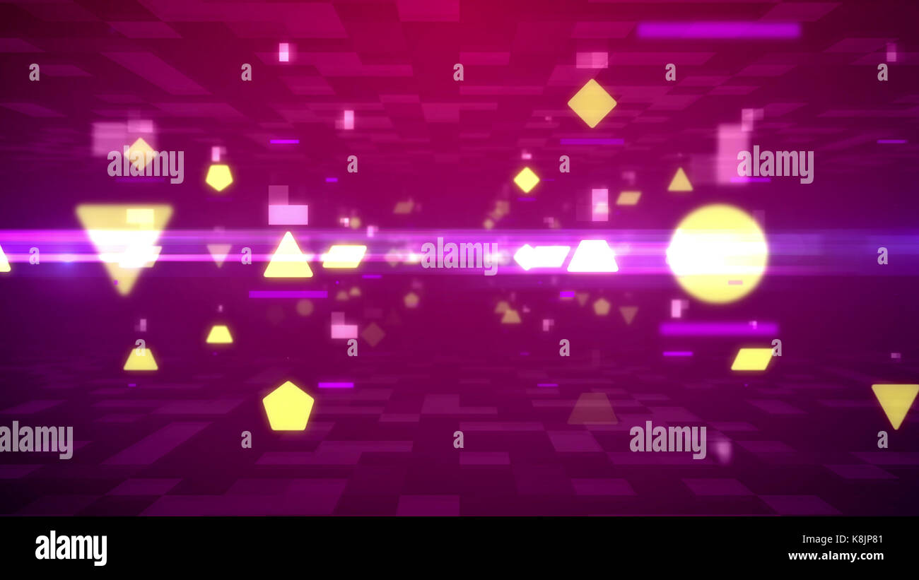 Erweiterte 3-D-Abbildung von whrling hellrosa Figuren, Linien und Punkte, zwischen zwei Flächen mit einigen Netzen in einigen holographische Cyberspace. Der vi. Stockfoto